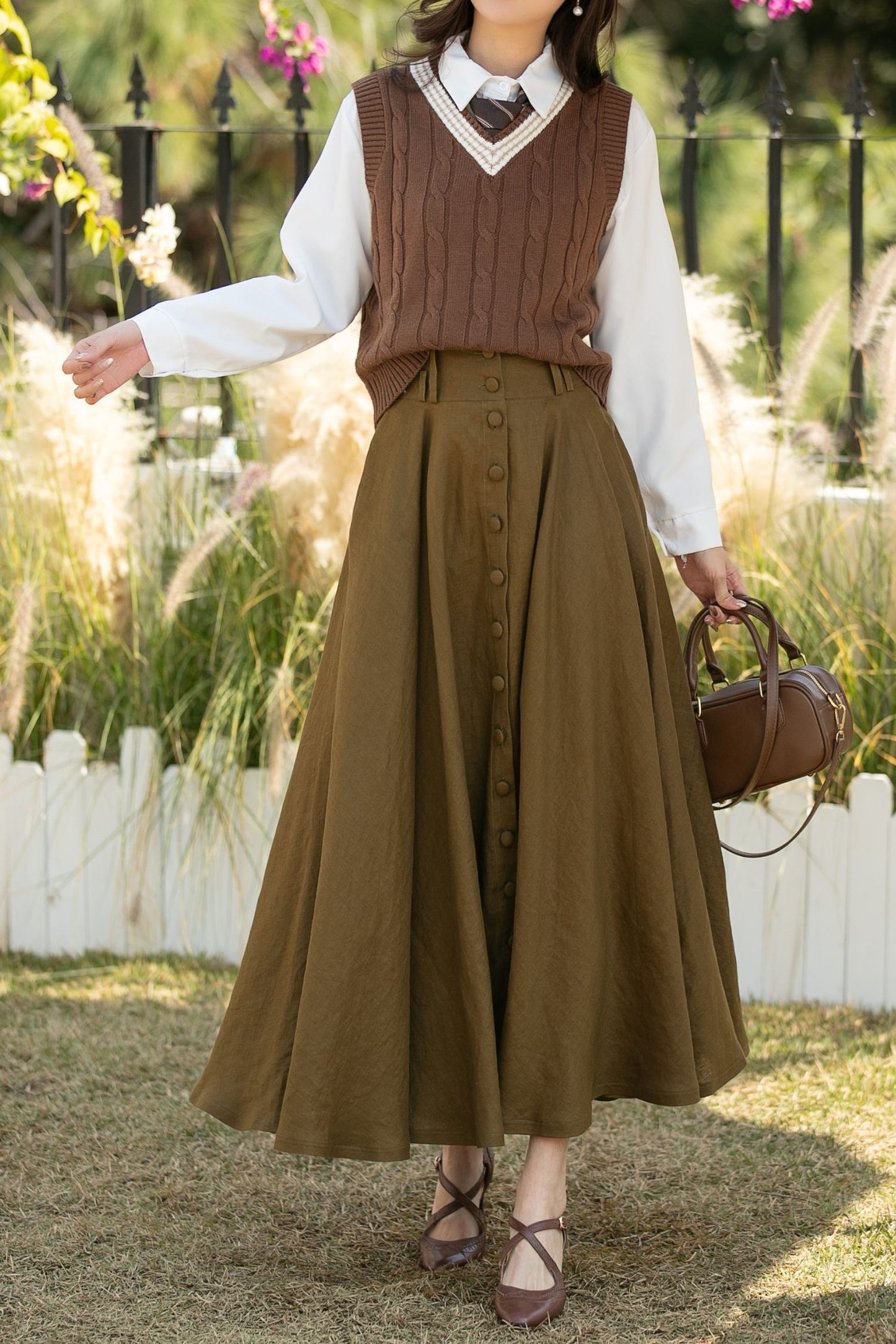 Army Green Linen Maxi Skirt: High Waist Button Front A-Line Swing Skirt, Ylistyle C5444