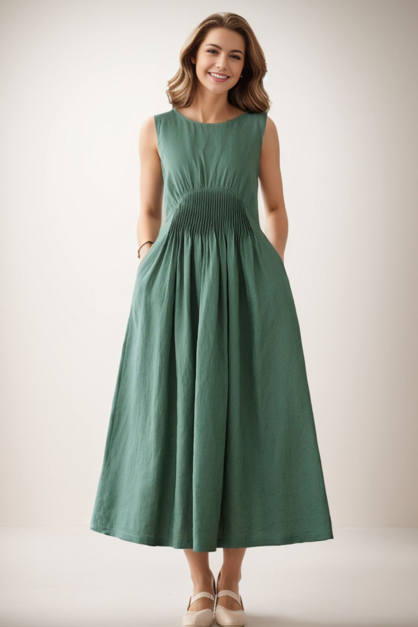 sleeveless Green maxi linen dress C4138