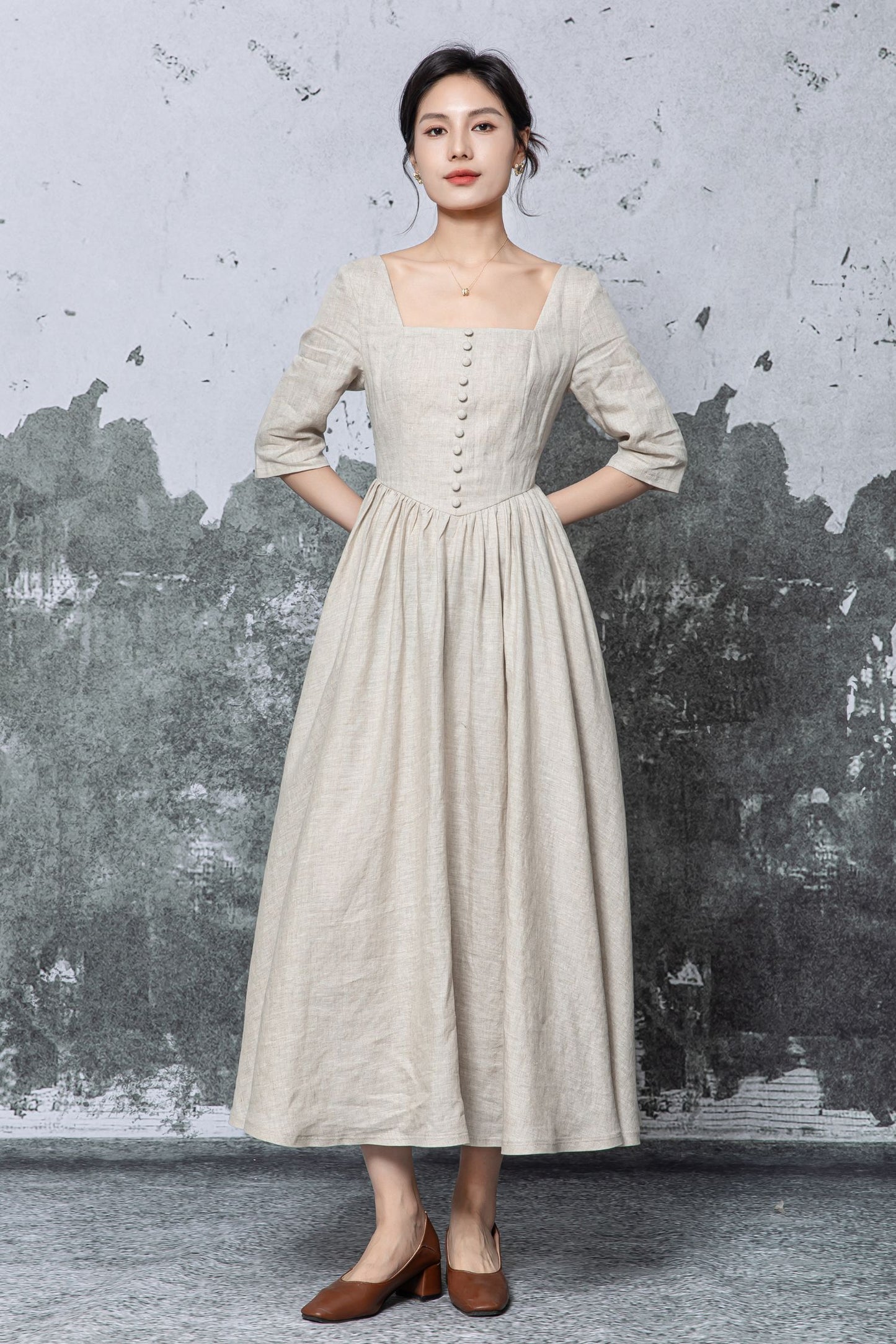 Beige Linen Maxi Dress - Square Neck, Empire Waist c5470