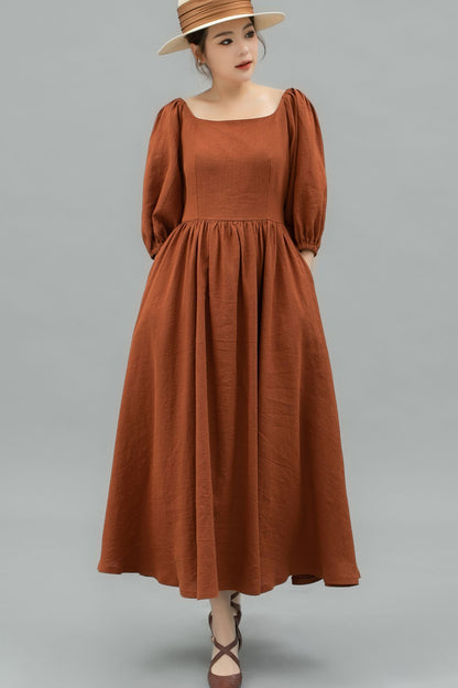 Puffy Sleeve womens long Linen Dress C4742