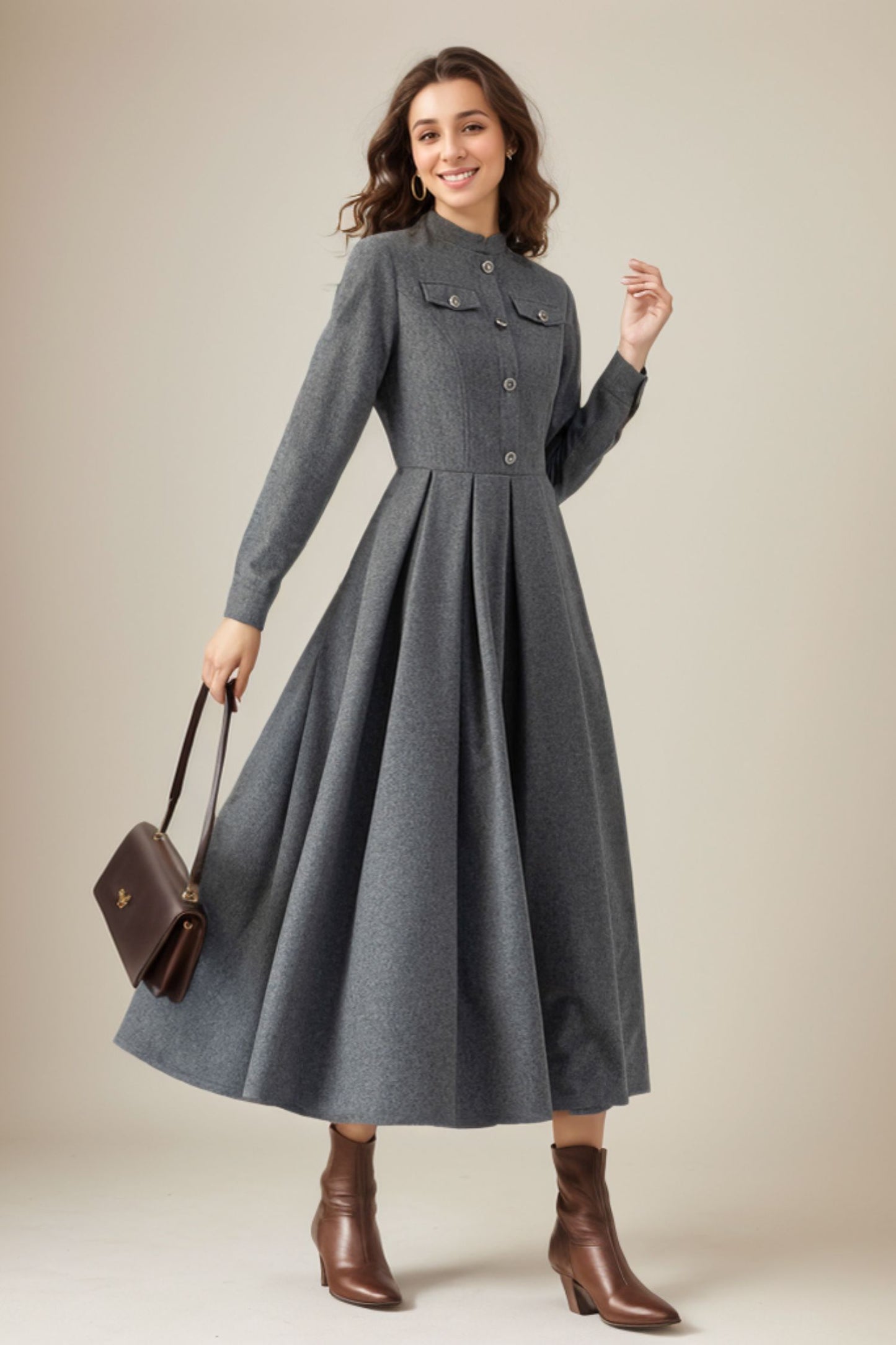 Autumn/winter Gray Wool Dress C4316