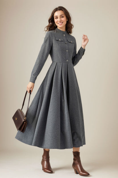 Autumn/winter Gray Wool Dress C4316