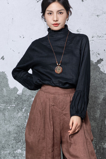 Black Linen Blouse - Loose Fit with Ruffle Neck c5461