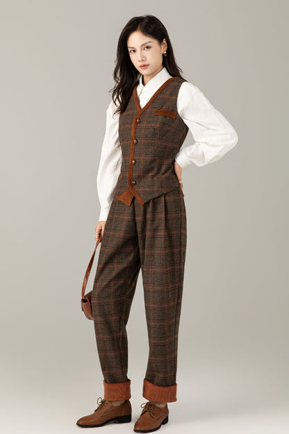 Brown Plaid Wool Suit Set, Wool vest and Wool pants C5248