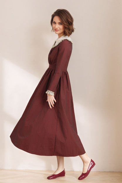 Women's Burgundy Princess linen dress C5331
