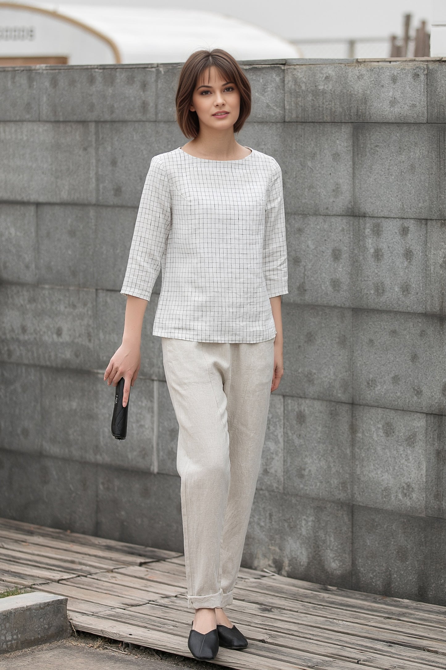 Plaid Linen Blouse: Boat Neck Relaxed Fit Women’s Top, Ylistyle C5410