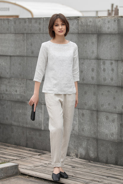 Plaid Linen Blouse: Boat Neck Relaxed Fit Women’s Top, Ylistyle C5410