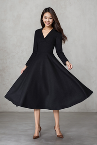 V neck midi winter wool dress C4452