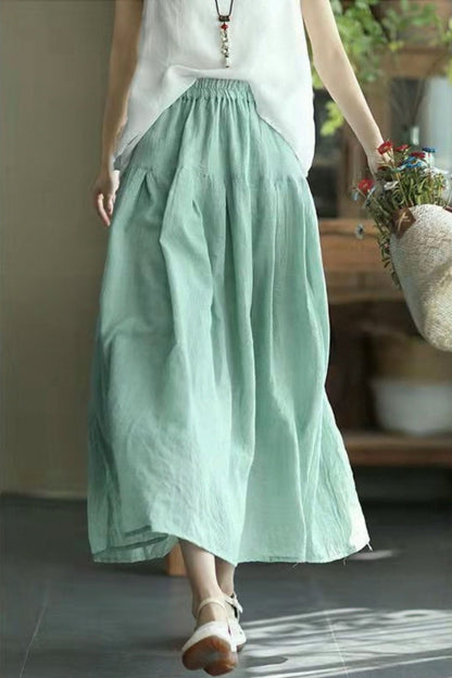 White Cotton Linen Swing Skirt - Elastic Waist, Lined TT0049