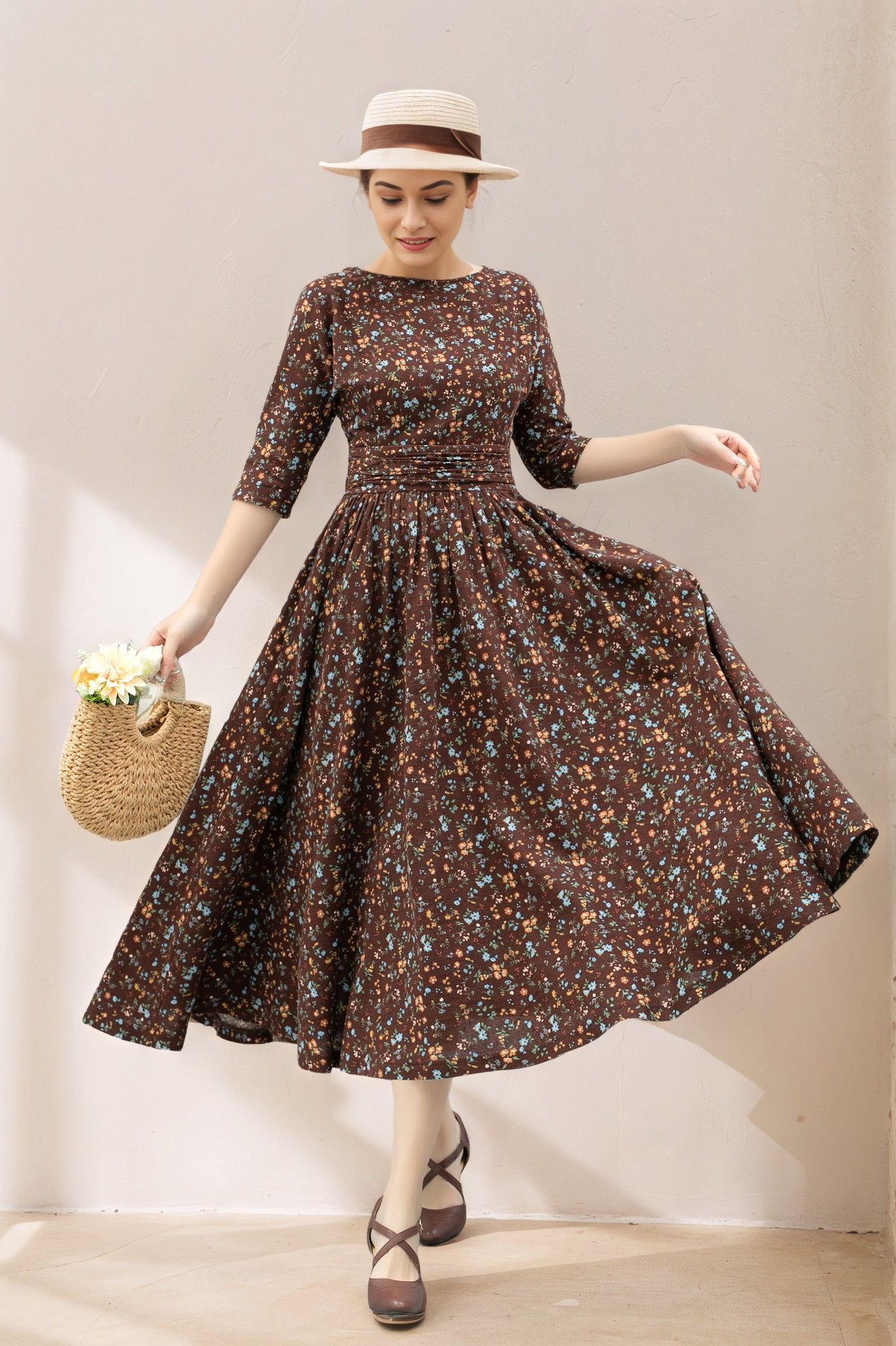 Vintage Inspired Floral Linen Midi Dress C5362