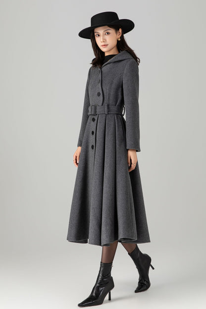 Swing gray long hooded wool coat C5269