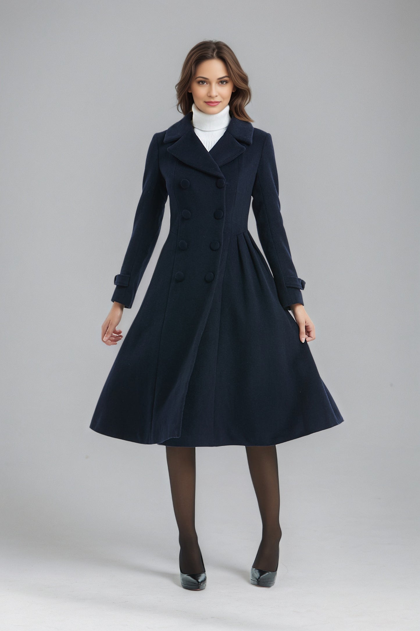 Double breasted Navy Blue Wool Coat C5136
