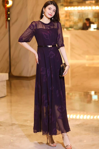 Purple prom long chiffon dress women C4931