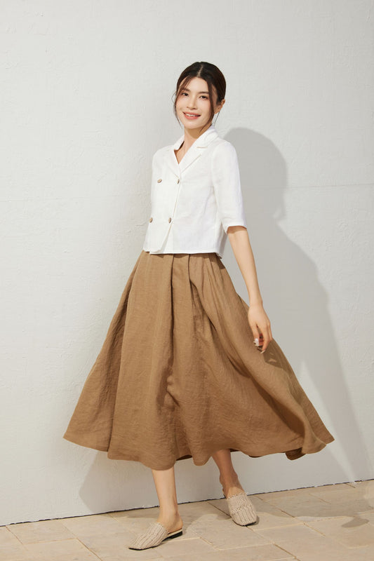 Women's Light Brown Linen midi Skirt C3934