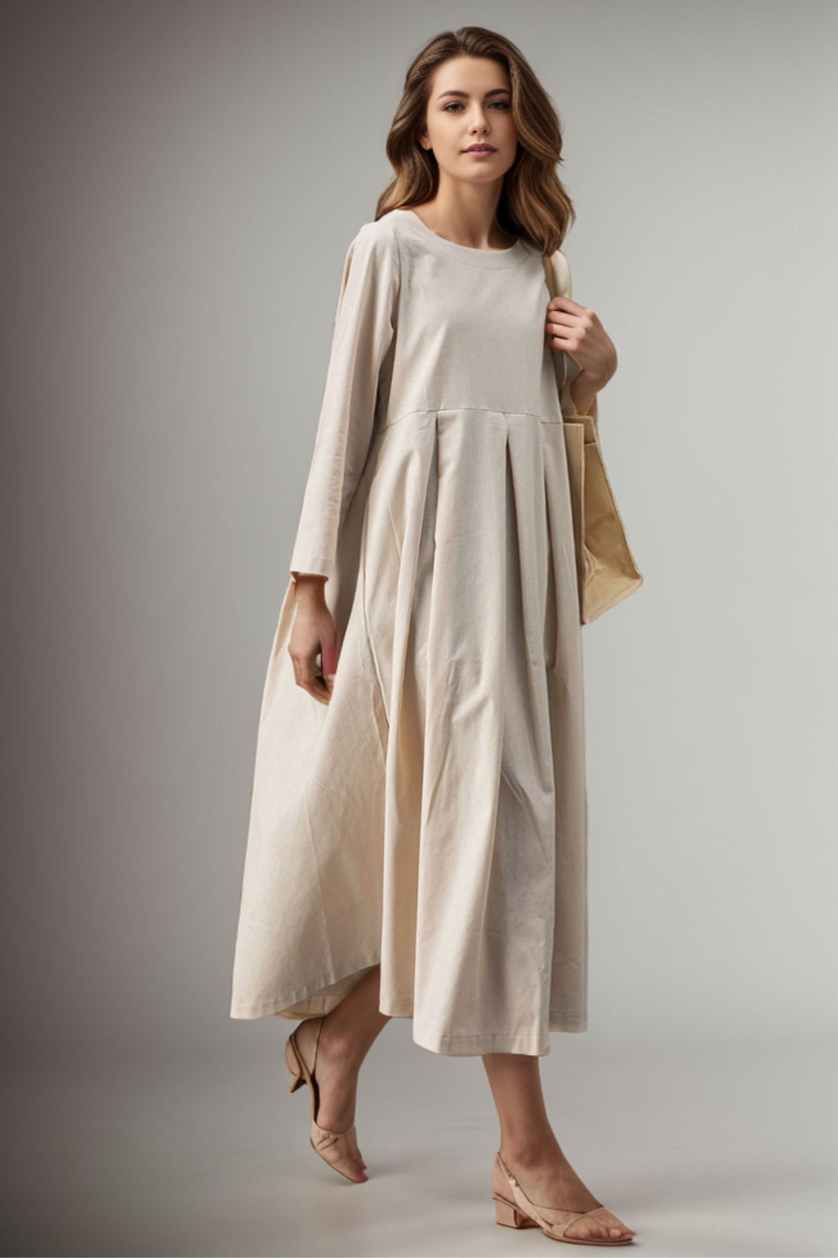 beige midi dress casual Linen with Pleated Skirt and High Waist Long Sleeve minimal black gown 90s Spaghetti Strap Dress Colors:Indigo