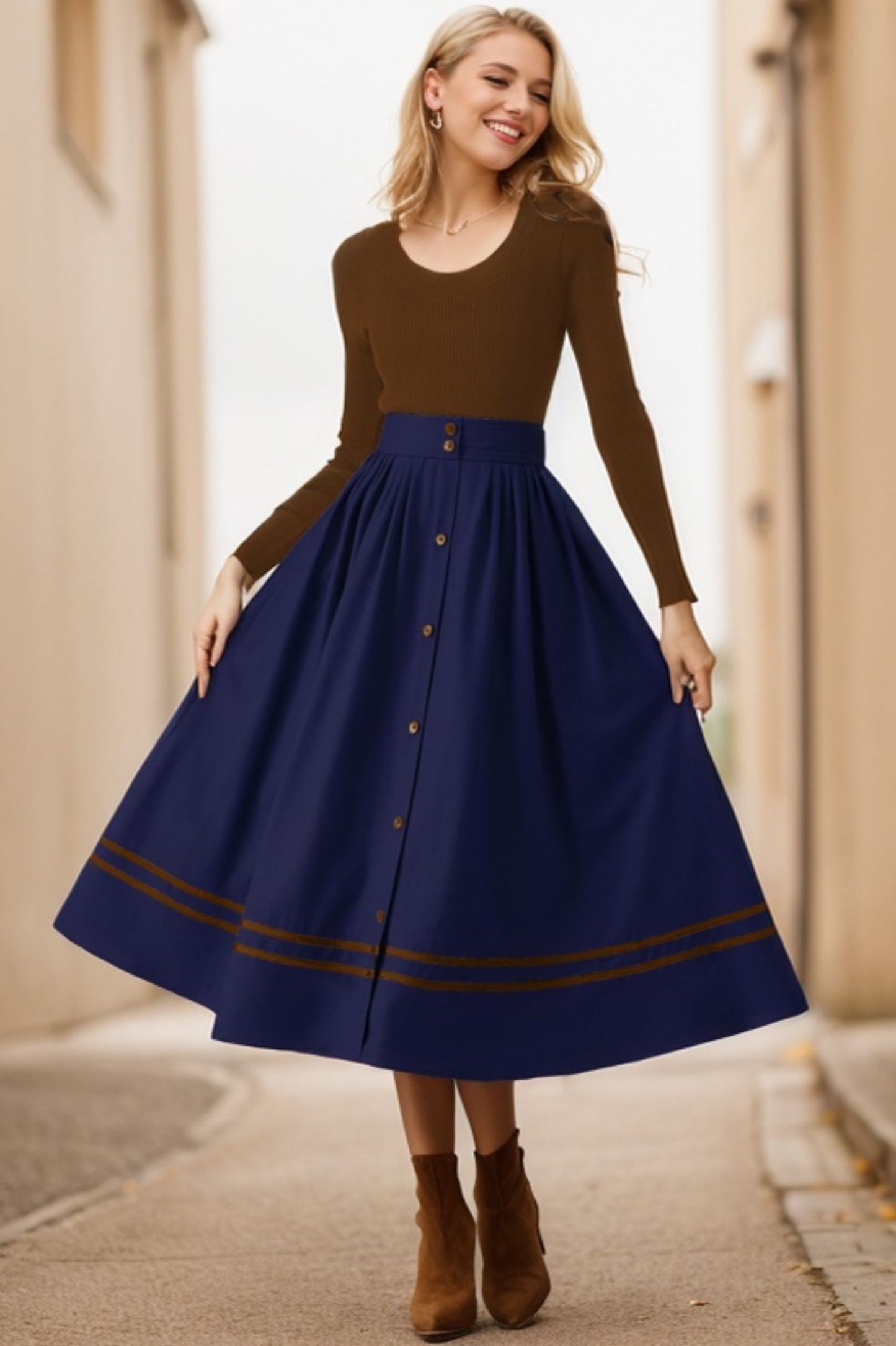 Button Front Navy Blue Wool Skirt C4512