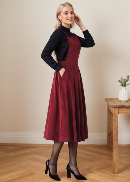 Corduroy Pinafore Midi Pleated Dress C4364