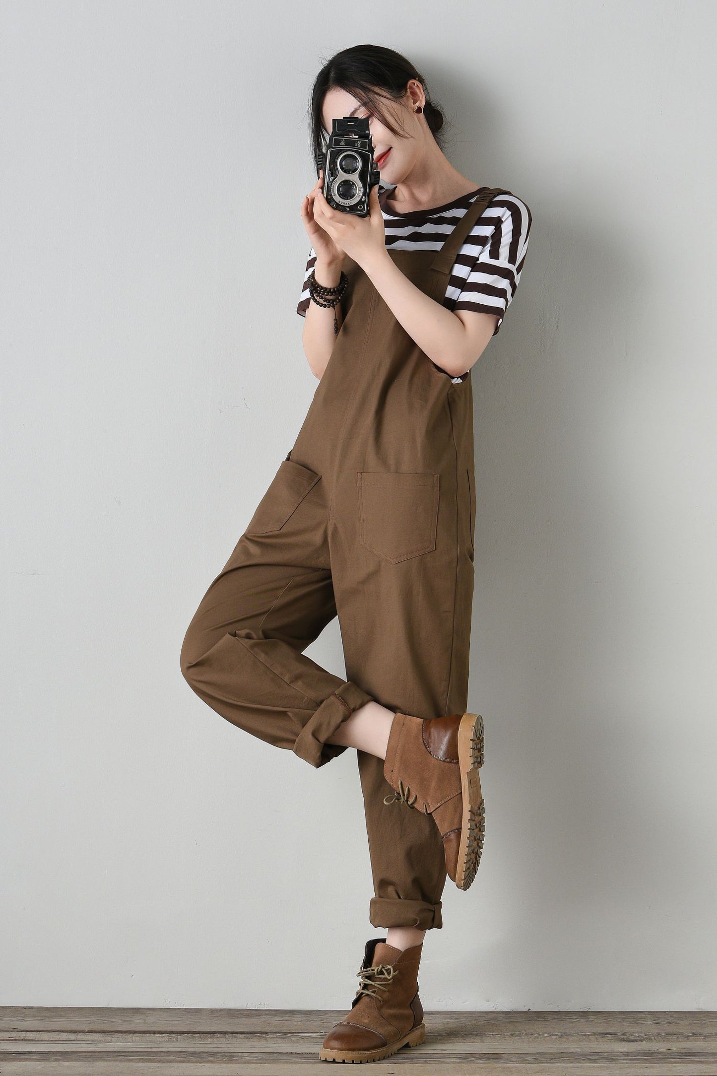 Women's brown cotton overalls C4702