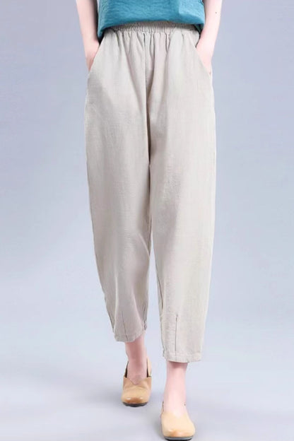 Elastic waist loose fitting linen pants C4434