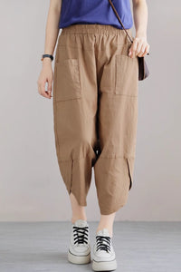 Elastic waist loose fitting linen pants C4438