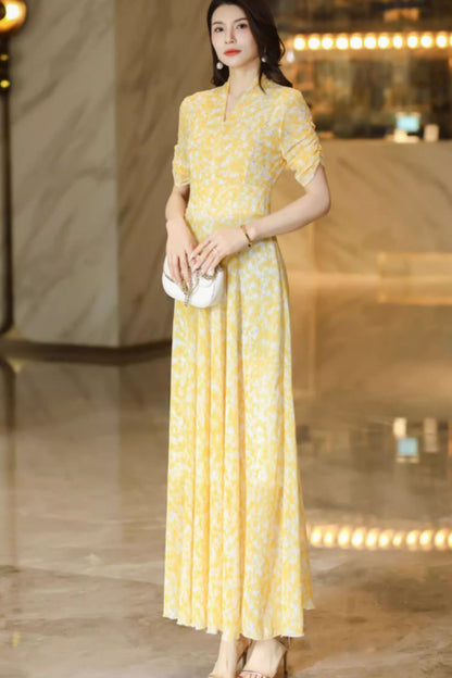 Yellow flower printed maxi chiffon dress C4927