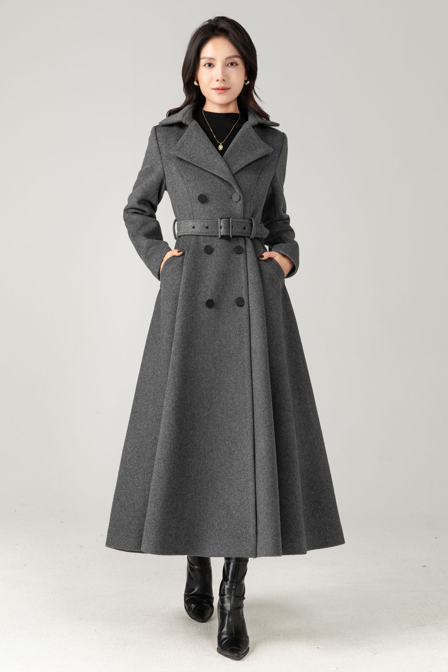 Double breasted long gray winter warm wool coat C5345
