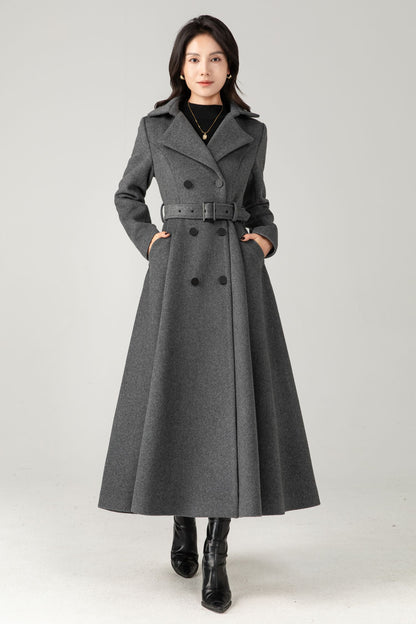 Double breasted long gray winter warm wool coat C5345