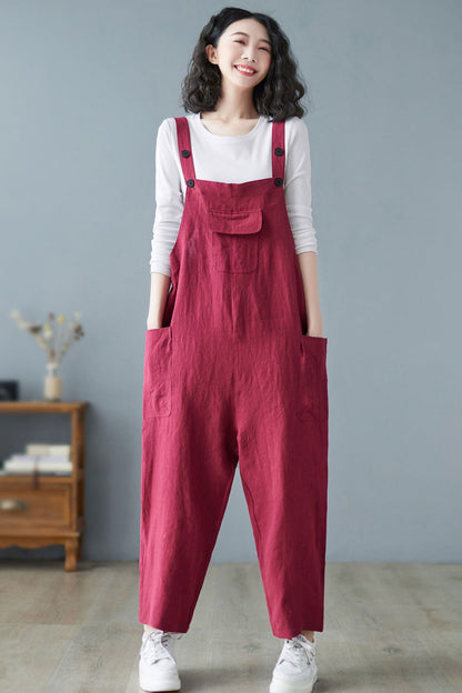 Spring Summer Casual Loose Cropped Linen Overalls C2721