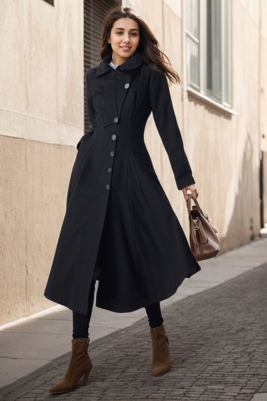 Black Hooded Long Wool Coat C4330