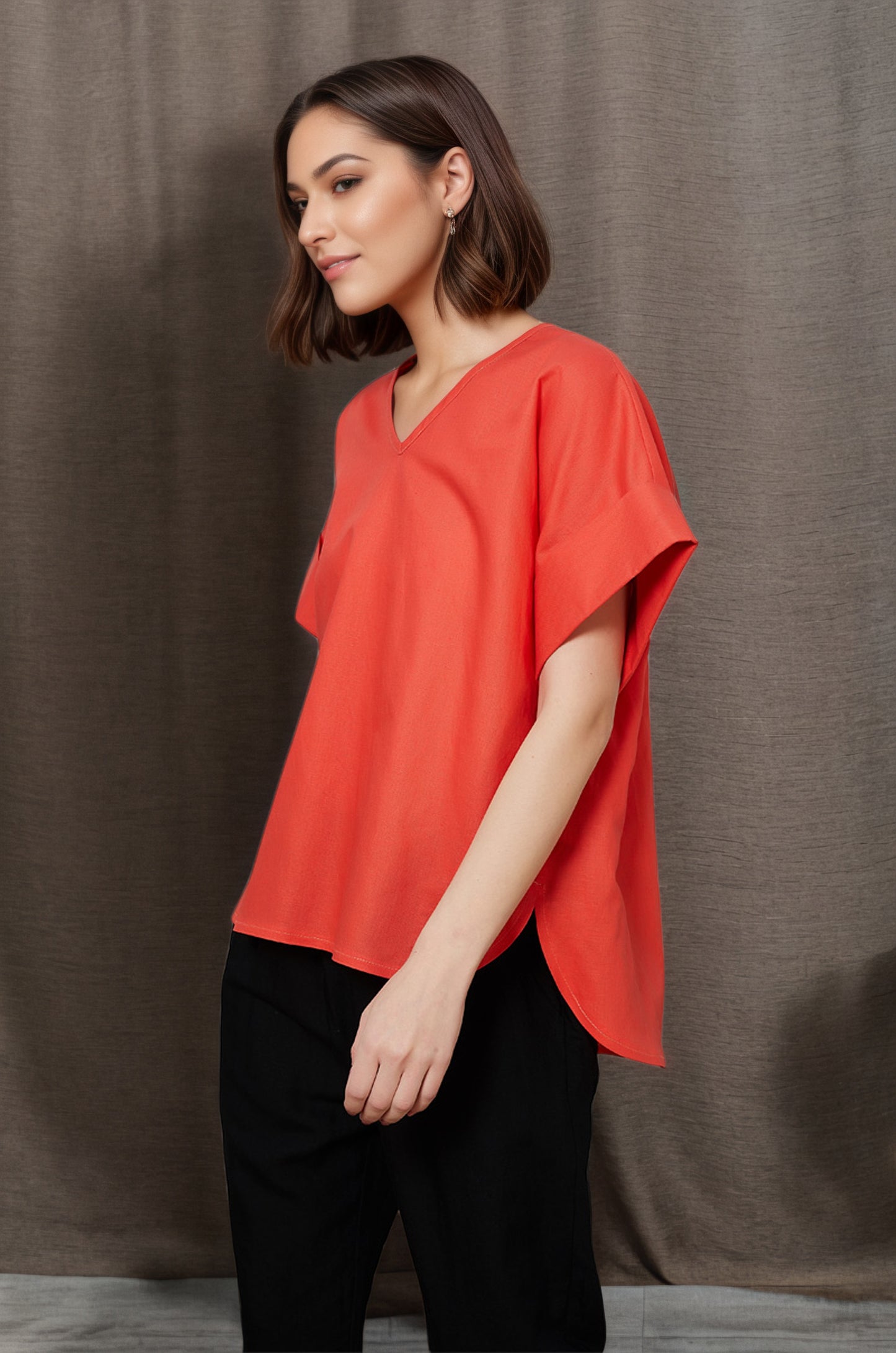 Women's Casual Orange Linen Tops C4845