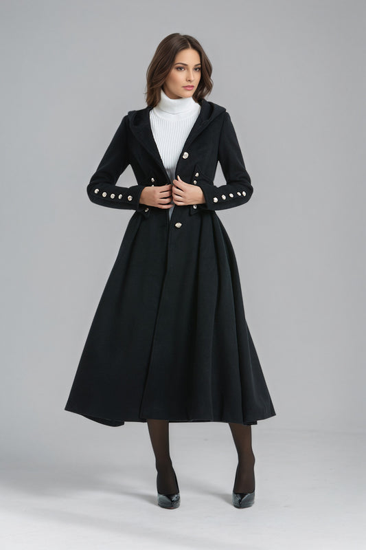 Military Hooded Winter Black Wool Coat C5135