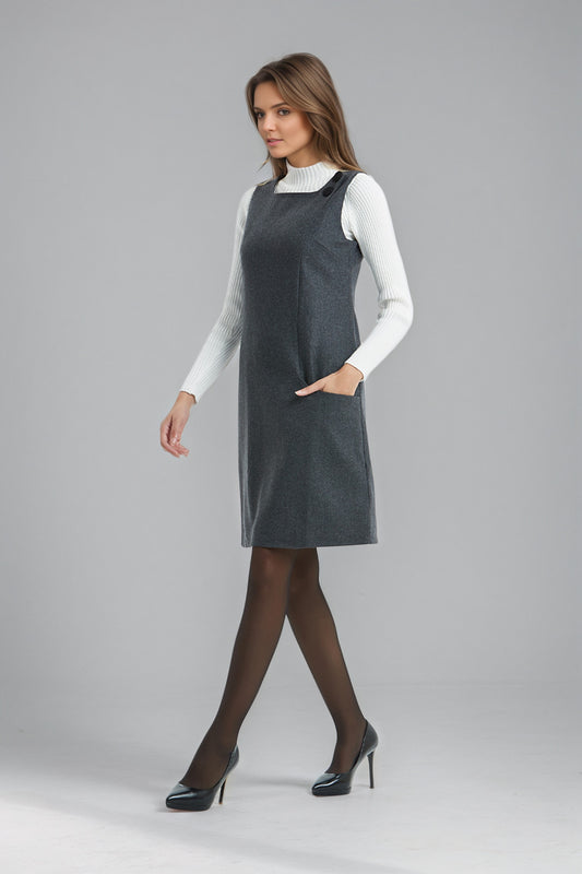Sleeveless Apron Wool Dress,Women Knee-lengh Dress C5142