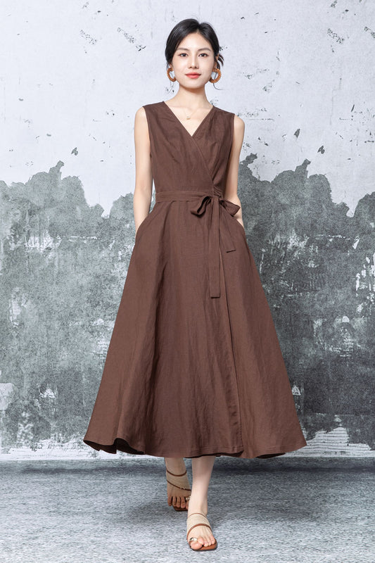 Brown Linen Wrap Dress: Sleeveless V Neck Tie Waist Midi Dress, Ylistyle C5476