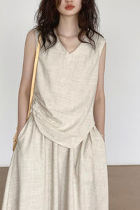 v-neck cotton linen sleeveless dress HY0004