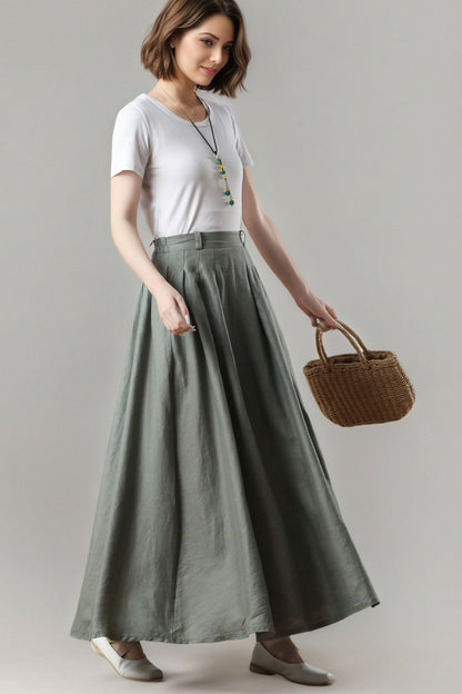 Green Linen Maxi Skirt, A-Line Swing Skirt, Plus Size, Ylistyle C5406