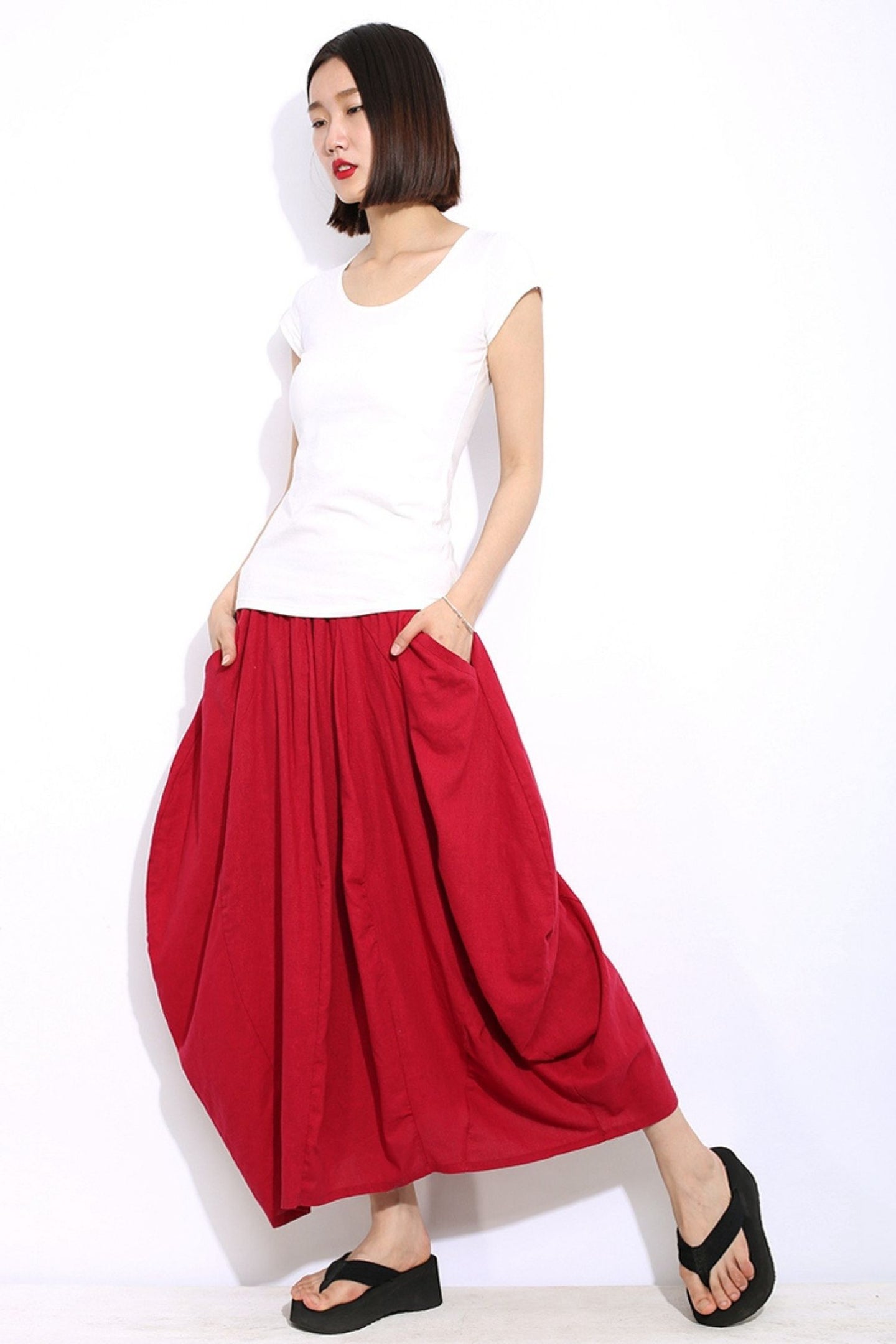 elastic waist red linen maxi skirt C329