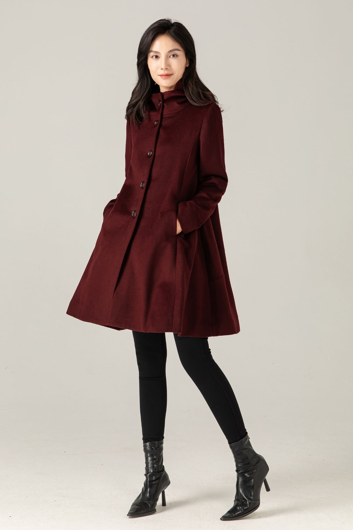 Burgundy Wool Blend Hooded Coat: A-Line Mid-Length Winter Overcoat, Ylistyle C5377