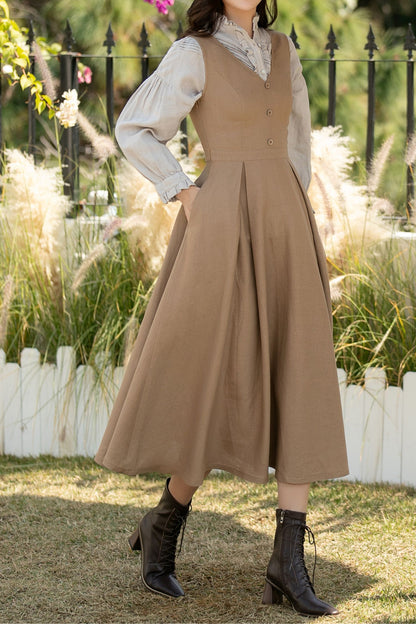 Khaki Linen Pinafore Midi Dress: Sleeveless A-Line Dress with Pockets, Ylistyle C5437