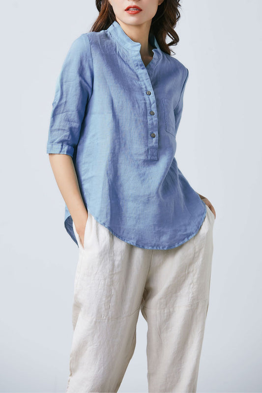 Blue linen top for women C1684