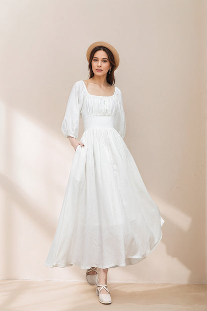 White Linen Swing Dress - Flowy Midi linen Dress C5333