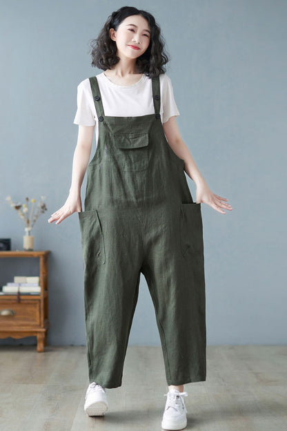 Women Army Green Casual Cropped Linen Overalls C2722