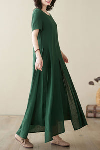 Women Loose fit Linen Short Sleeve Maxi Dress C3949