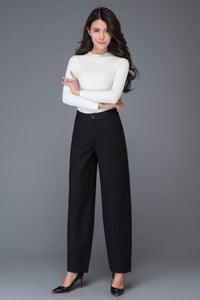 Black loose winter long wool trousers C1016