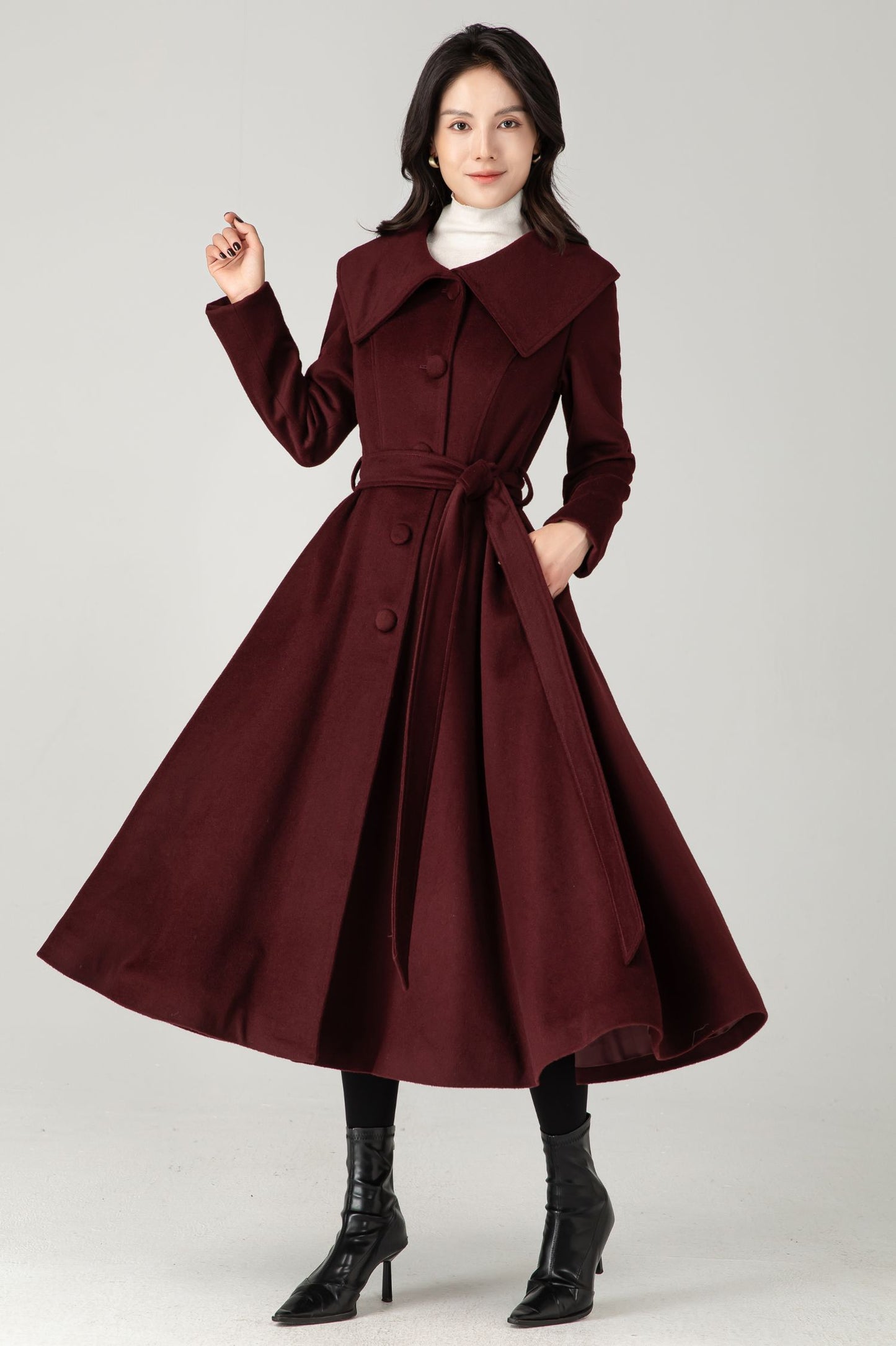 Burgundy Wool Blend Midi Coat: Belted Winter Swing Coat C5337