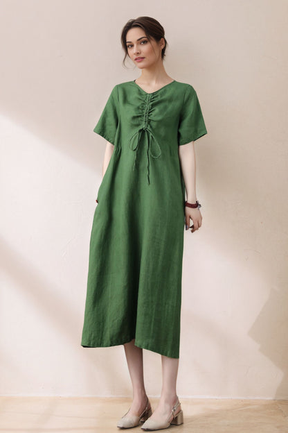 Light Green Linen Dress - Loose Fit Midi with Drawstring Detail c5390