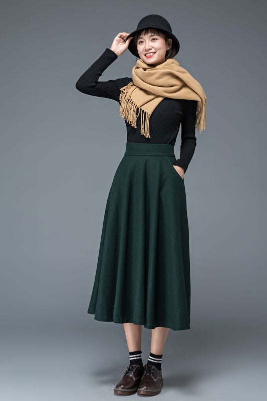Green winter long wool skirt for women C1197