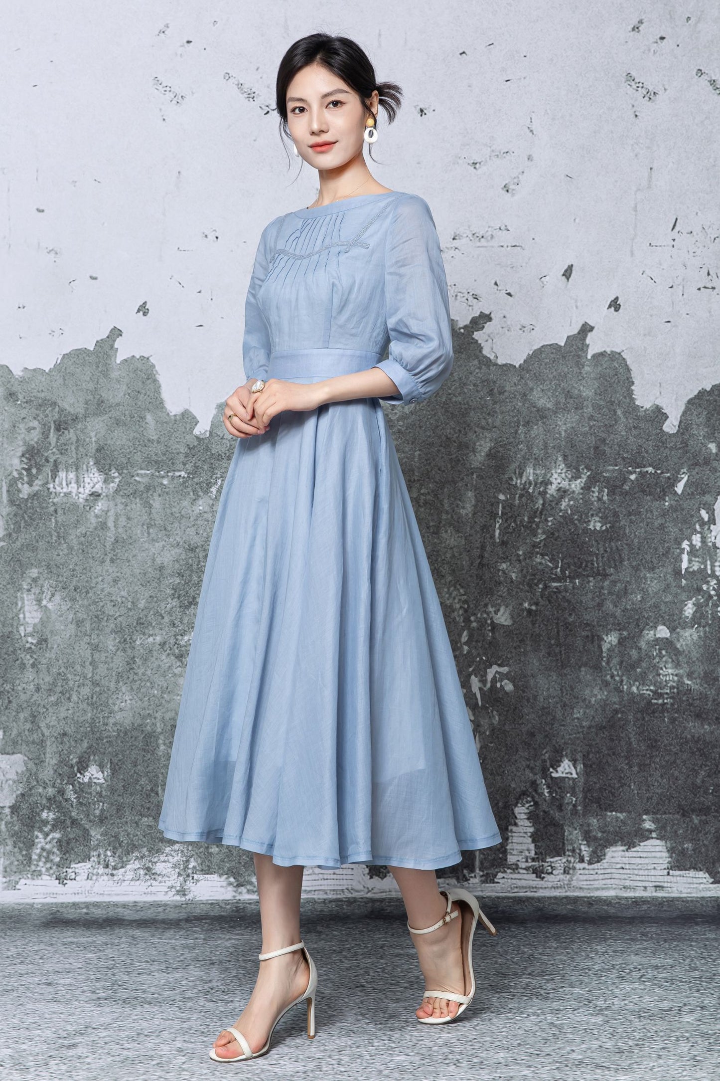 Blue Linen Midi Dress - Pleated Neckline Swing Silhouette c5475