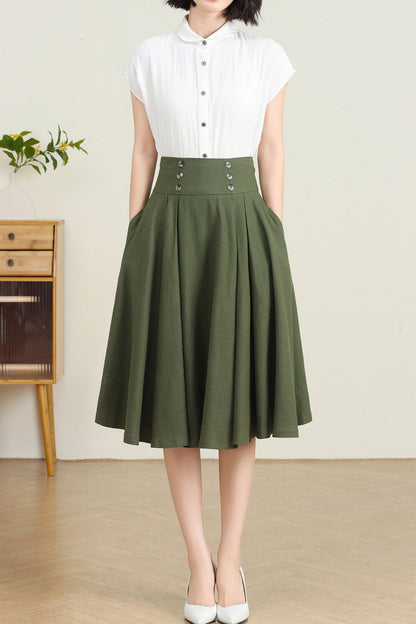 Green Pleated Swing Skirt with Pockets C4729