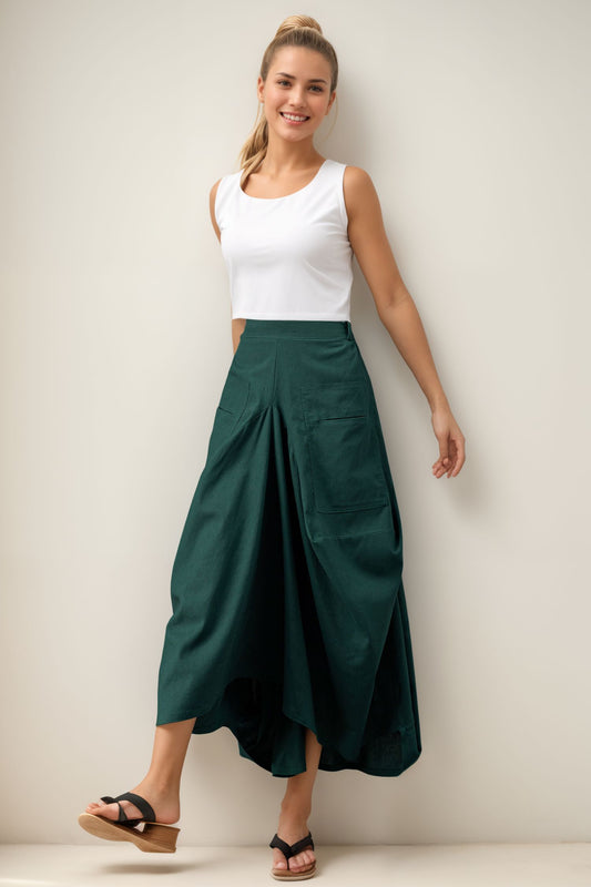 Women's Green Asymmetrical Casual Linen Skirt C4137