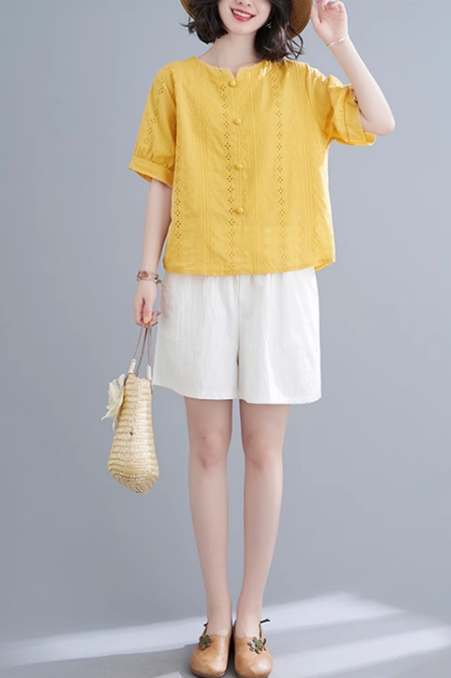 Button front embroidery blouse top C5047